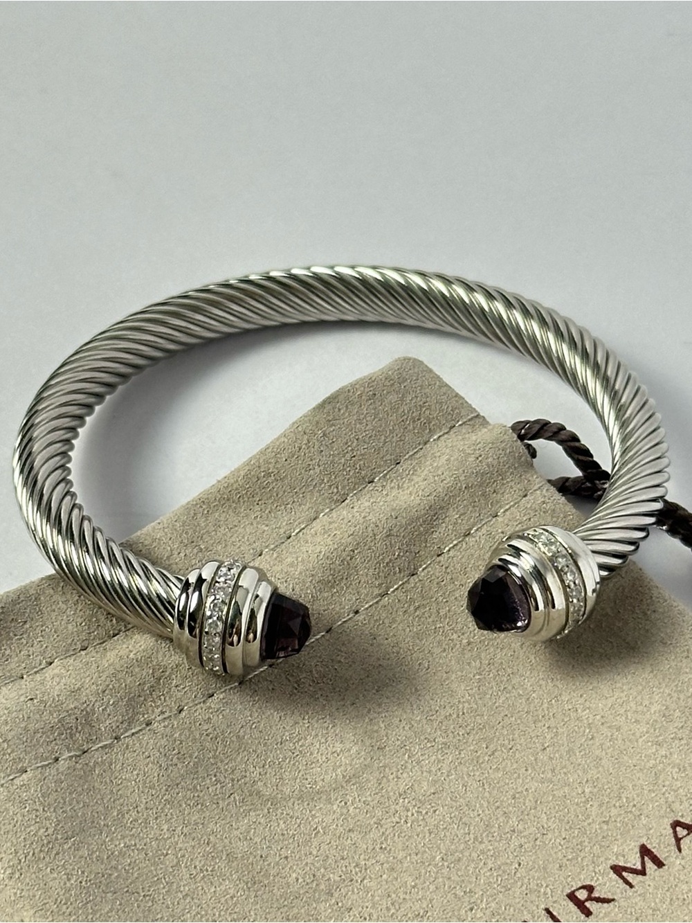 David Yurman 7mm Cable Cuff Purple Amethyst and Pave Bracelet Size L - Picture 2 of 6